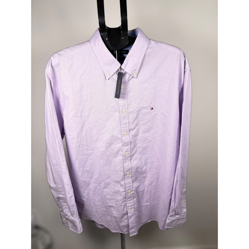 Tommy Hilfiger Mens Long Sleeve Oxford Shirt Purple Button Down Logo Stretch XL